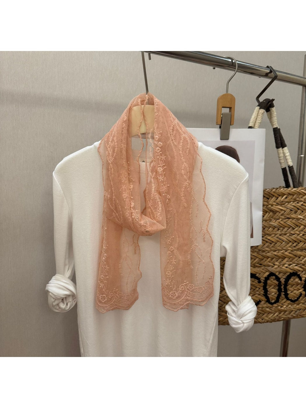 Scarvii - Floral Embroidered Lace Detail Long Scarf