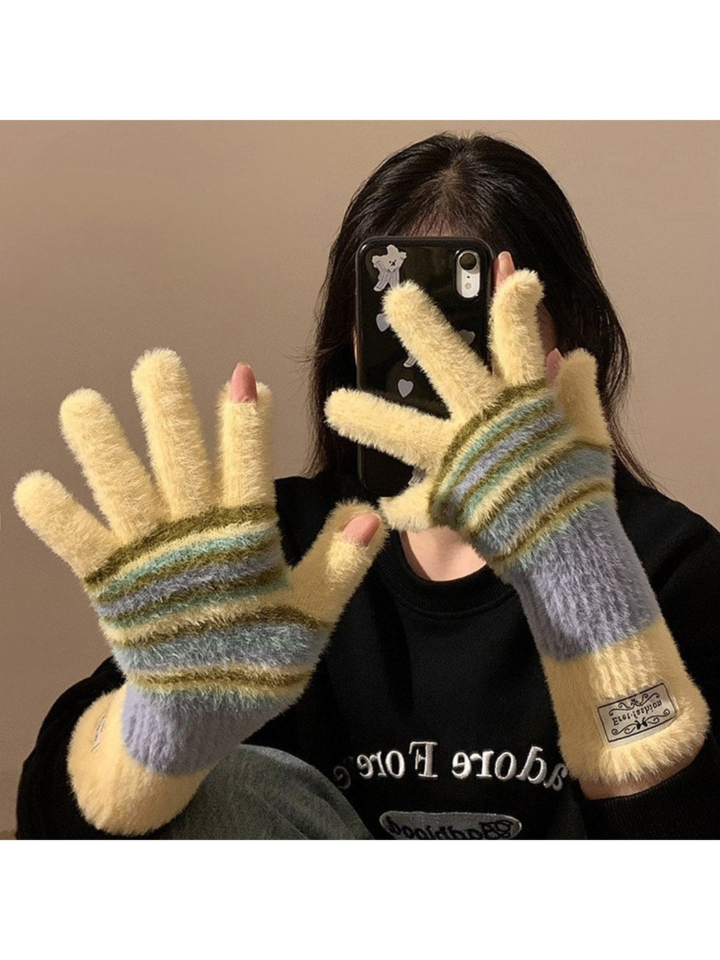Gloving - Plush Stripe Finger-Opening Winter Gloves