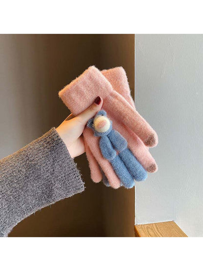 Gloving - Women's Cute Bear Accent Knit Winter Gloves