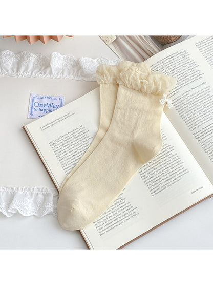 Top view of Rufia ankle socks highlighting ruched fabric and bow charm