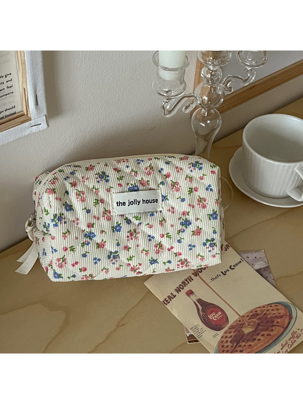 Cosbai soft corduroy toiletry bag with floral print, rectangular shape, and