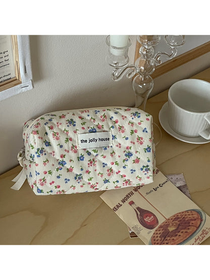 Cosbai soft corduroy toiletry bag with floral print, rectangular shape, and