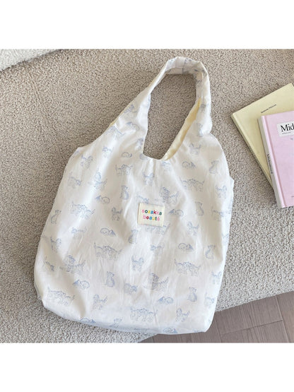 Cosbai Sketch Cat Slouch Tote Bag front view with cat illustration on beige fabric