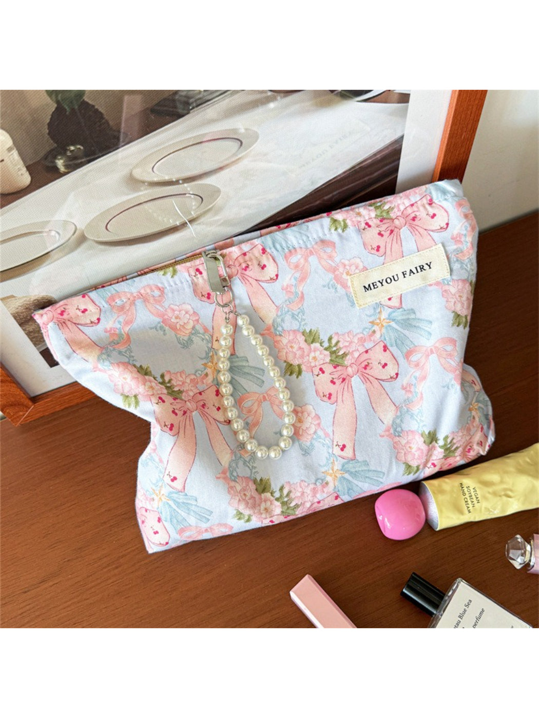 Cosbai Bow Floral Cosmetic Bag displayed standing upright