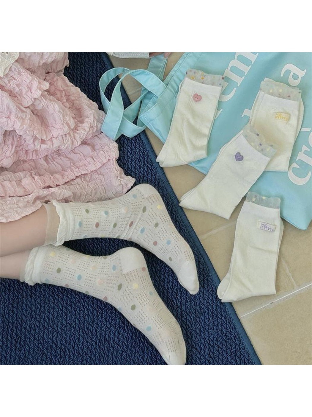 Rufia - Cute Dot Pattern White Crew Socks