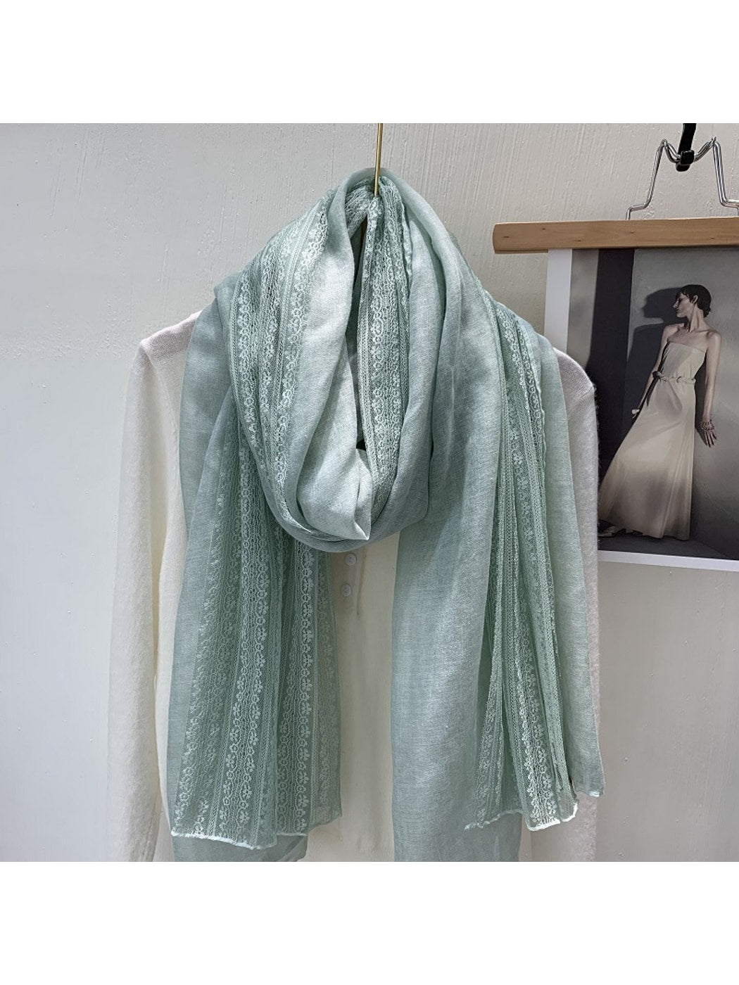 Scarvii - Lace Trim Solid Color Long Fashion Scarf