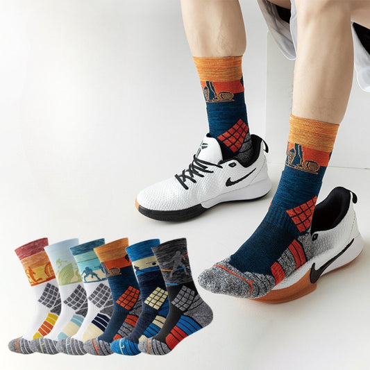 Pair of Rufia color block sport crew socks in white, black, and red laid flat