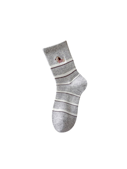 Rufia - Cute Dog Pattern Striped Crew Socks