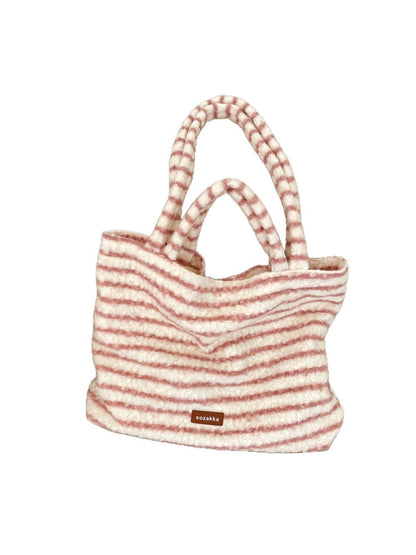 Cosbai - Soft Striped Fuzzy Shoulder Tote Bag