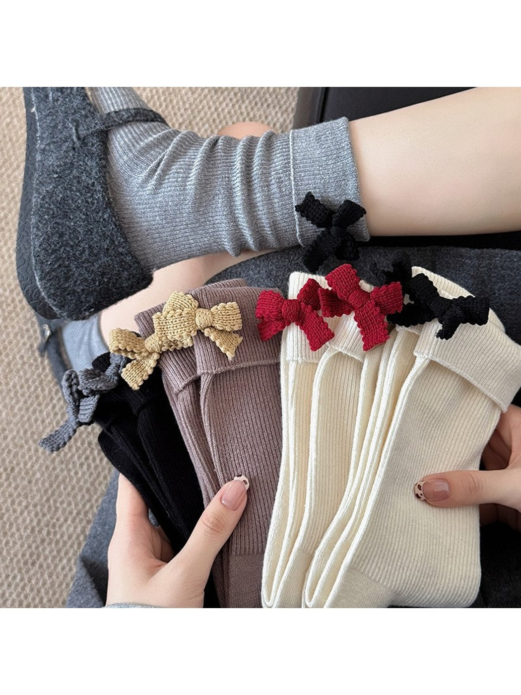 Rufia - Colorblock Bow Accent Ribbed Solid Color Crew Socks