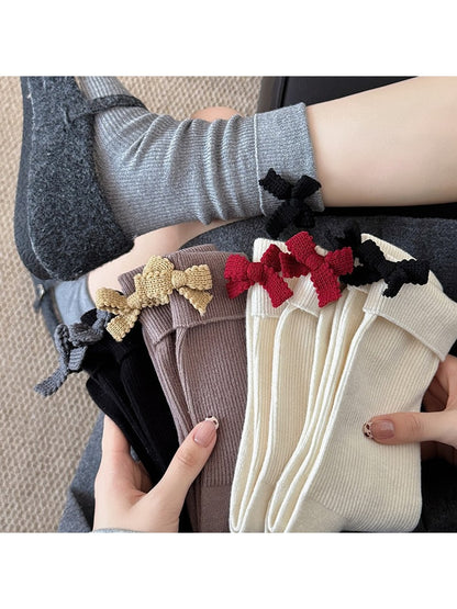 Rufia - Colorblock Bow Accent Ribbed Solid Color Crew Socks