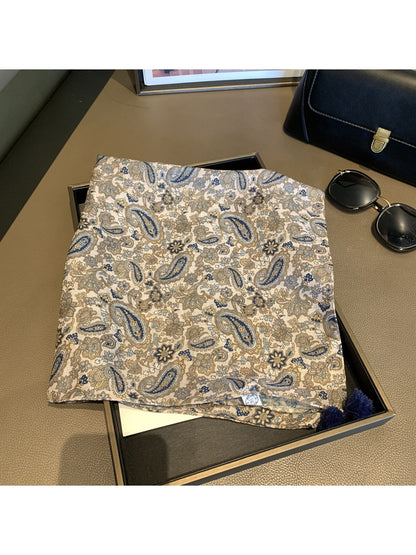 Scarvii - Paisley Print Tassel Accent Square Scarf