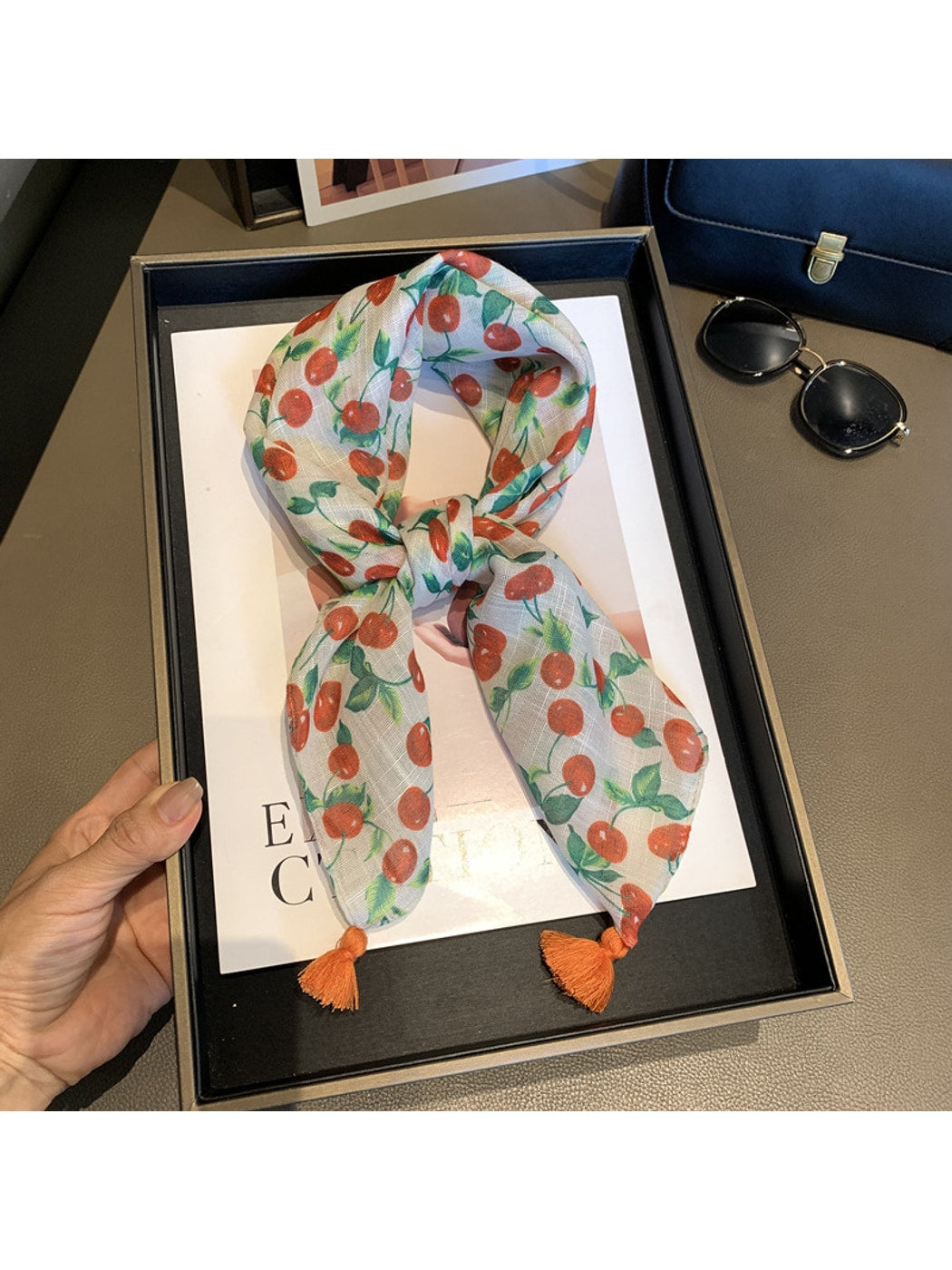 Scarvii - Cherry Print Tassel Square Scarf