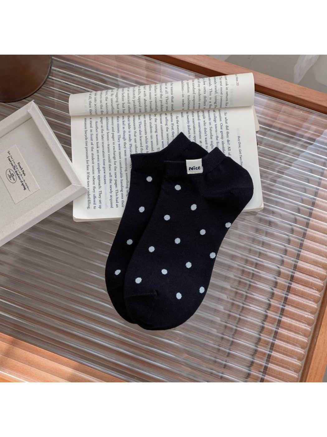Rufia Everyday Polka Dot Socks displayed with packaging showing brand label