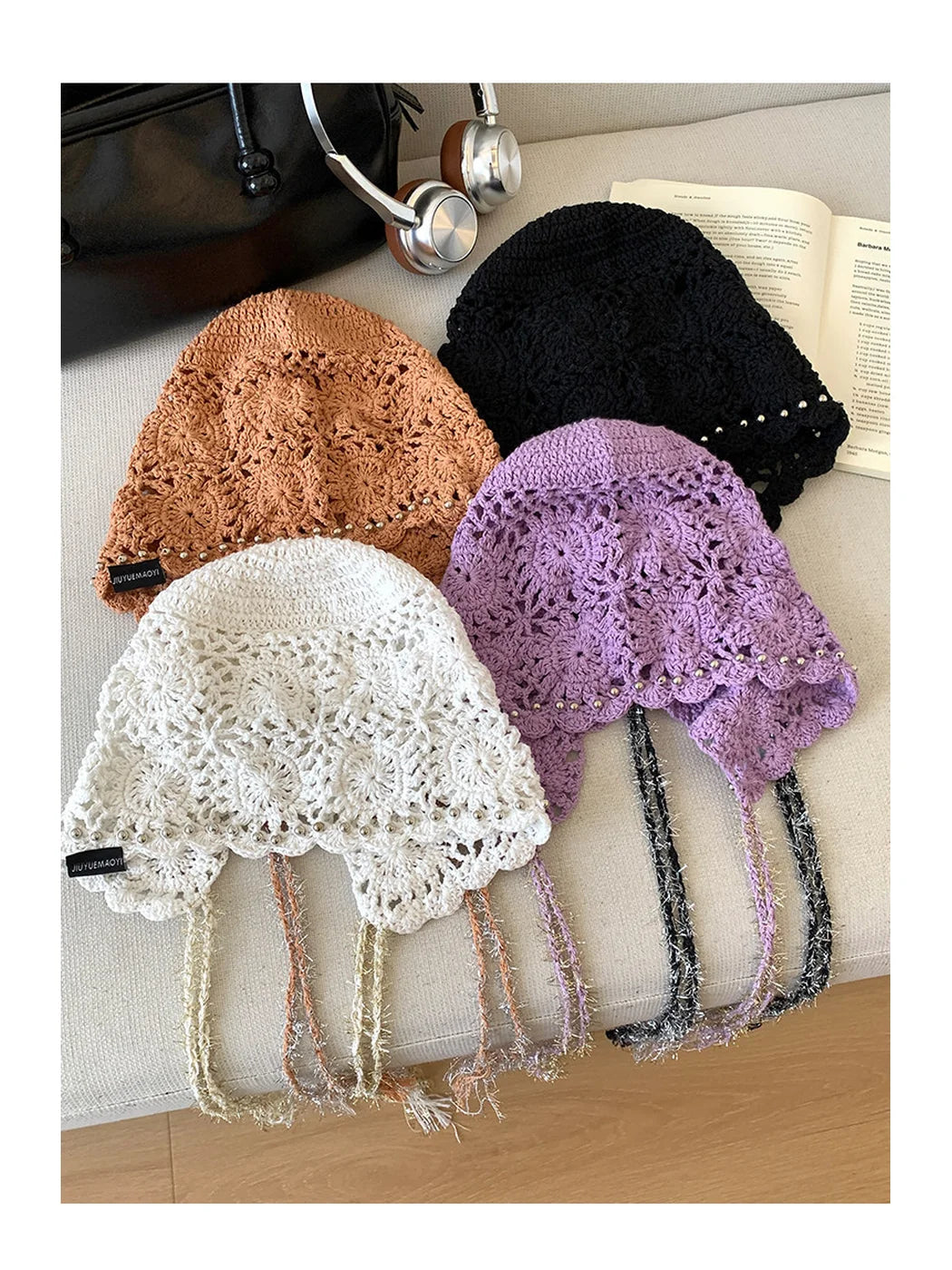 Haila - Openwork Crochet Bonnet with Beaded Trim
