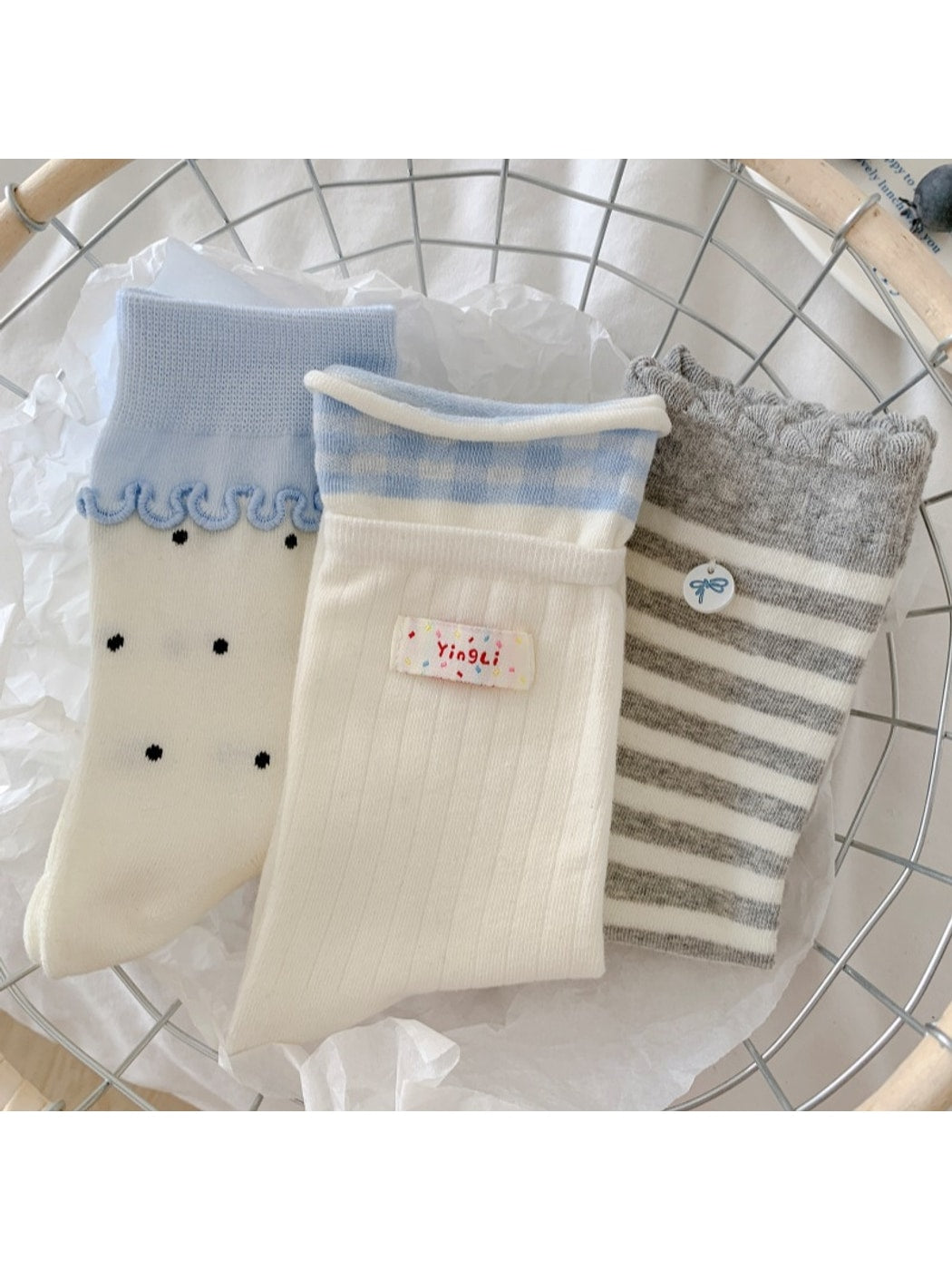 Rufia - Playful White Tones Ruffle Crew Socks