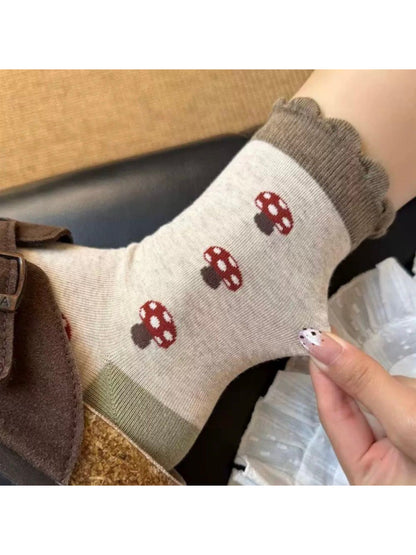 Rufia - Mushroom Print Ruffle Crew Sock