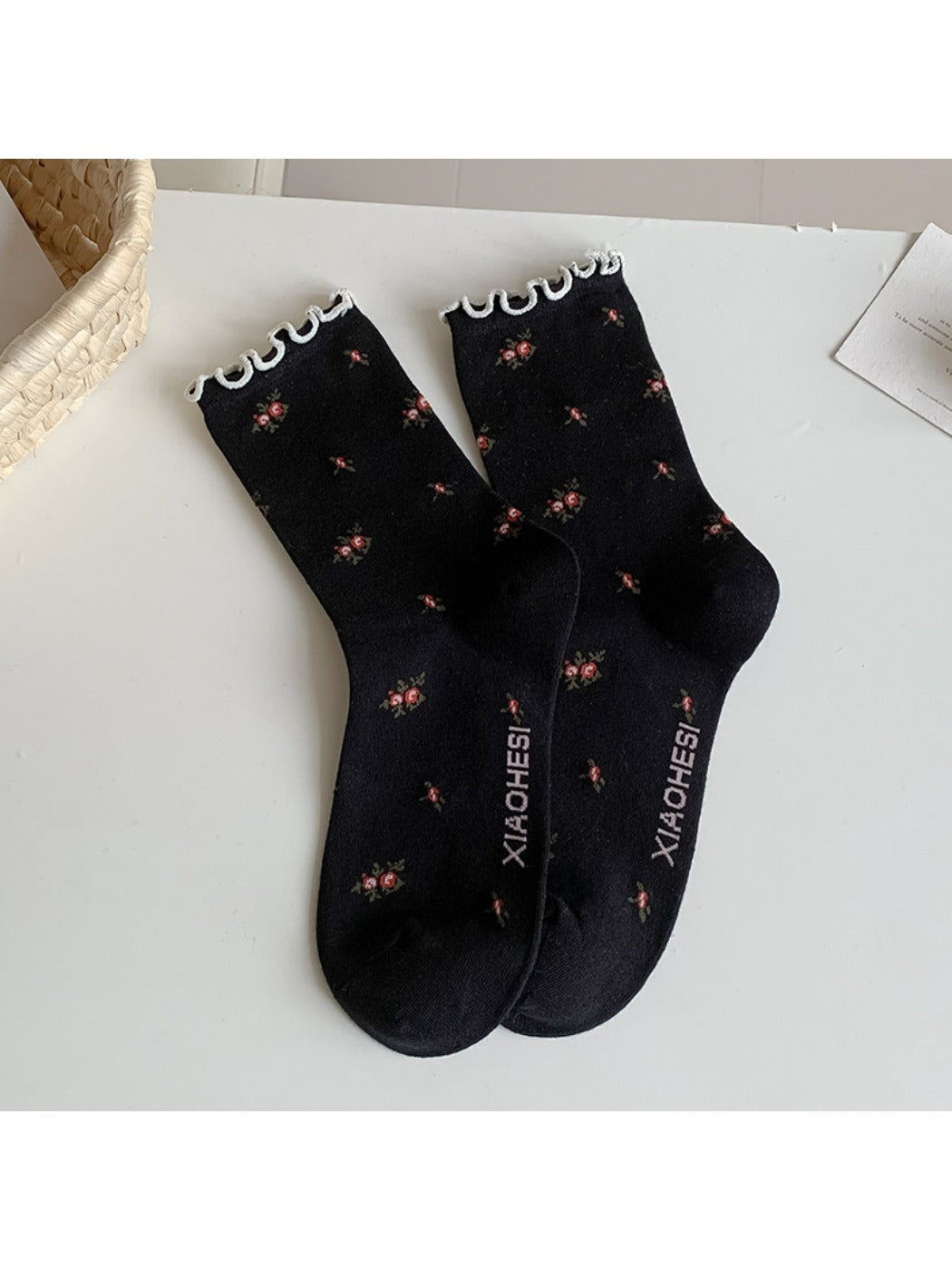 Rufia - Women's Rolled Cuff Socks with Bow & Floral Pattern