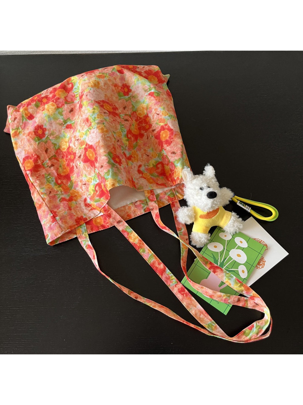 Cosbai Painterly Bloom Shoulder Tote in floral print with black straps on white background