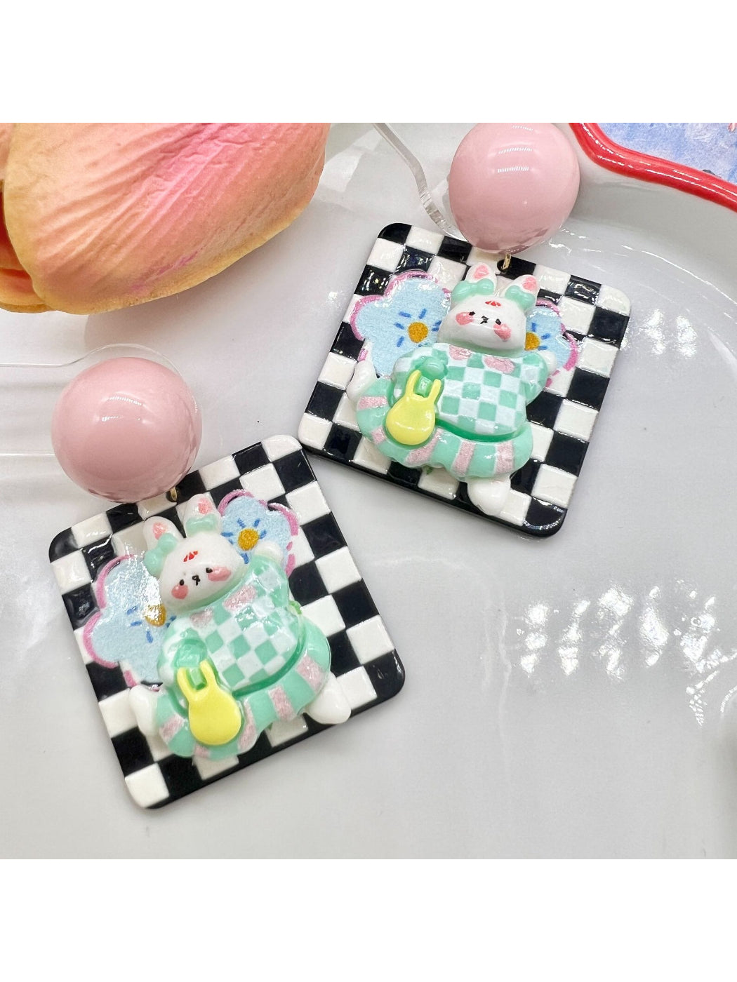 Earwish Bunny Check Drop Earrings worn on ear showcasing size and fit
