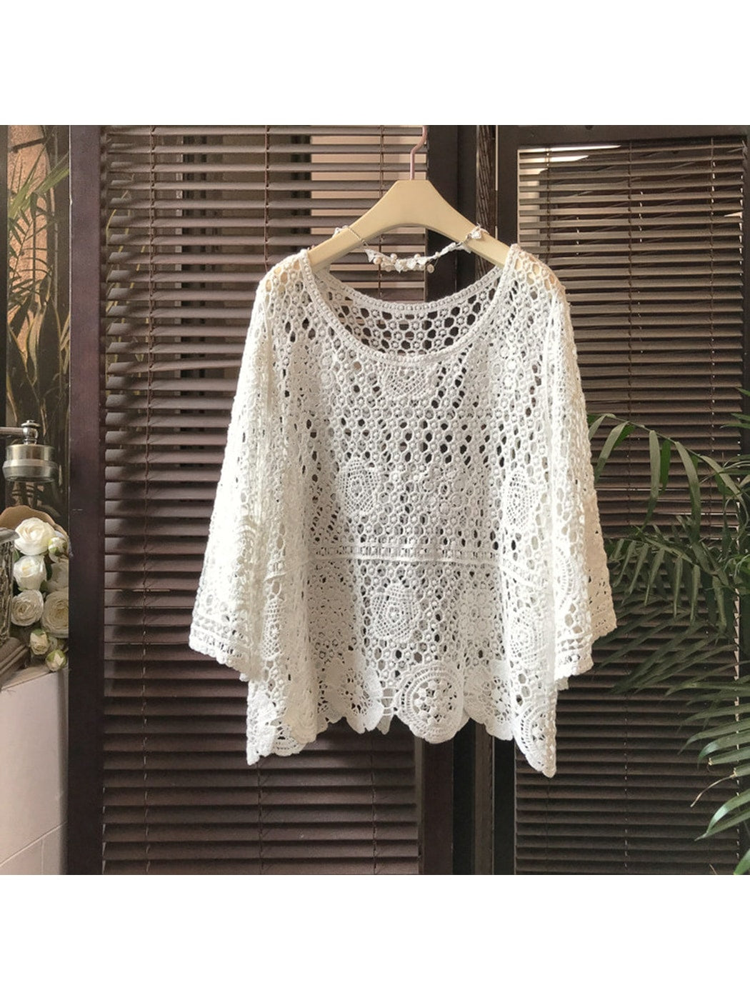 Crosa - Floral Hollow Out Long Sleeve Cover Up