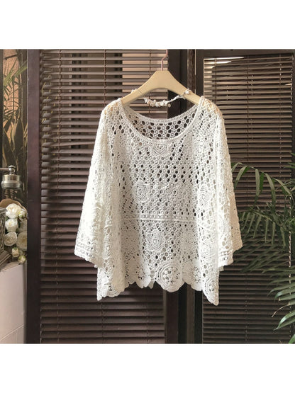 Crosa - Floral Hollow Out Long Sleeve Cover Up
