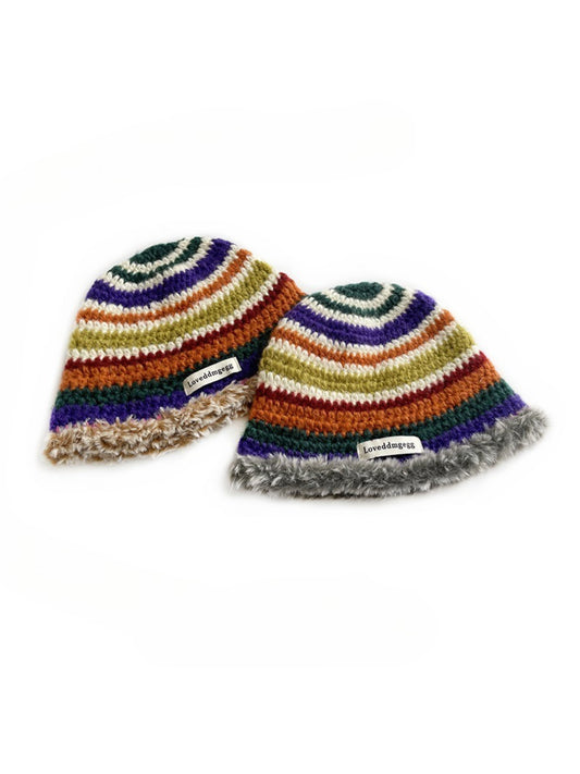 Haila - Retro Stripe Fuzzy Trim Winter Beanie