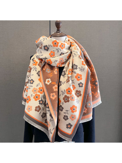 Scarvii - Retro Floral Contrast Border Fringe Scarf