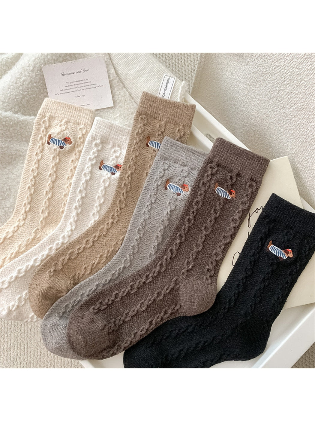 Rufia - Cute Dachshund Motif Knit Crew Socks