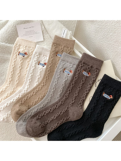 Rufia - Cute Dachshund Motif Knit Crew Socks