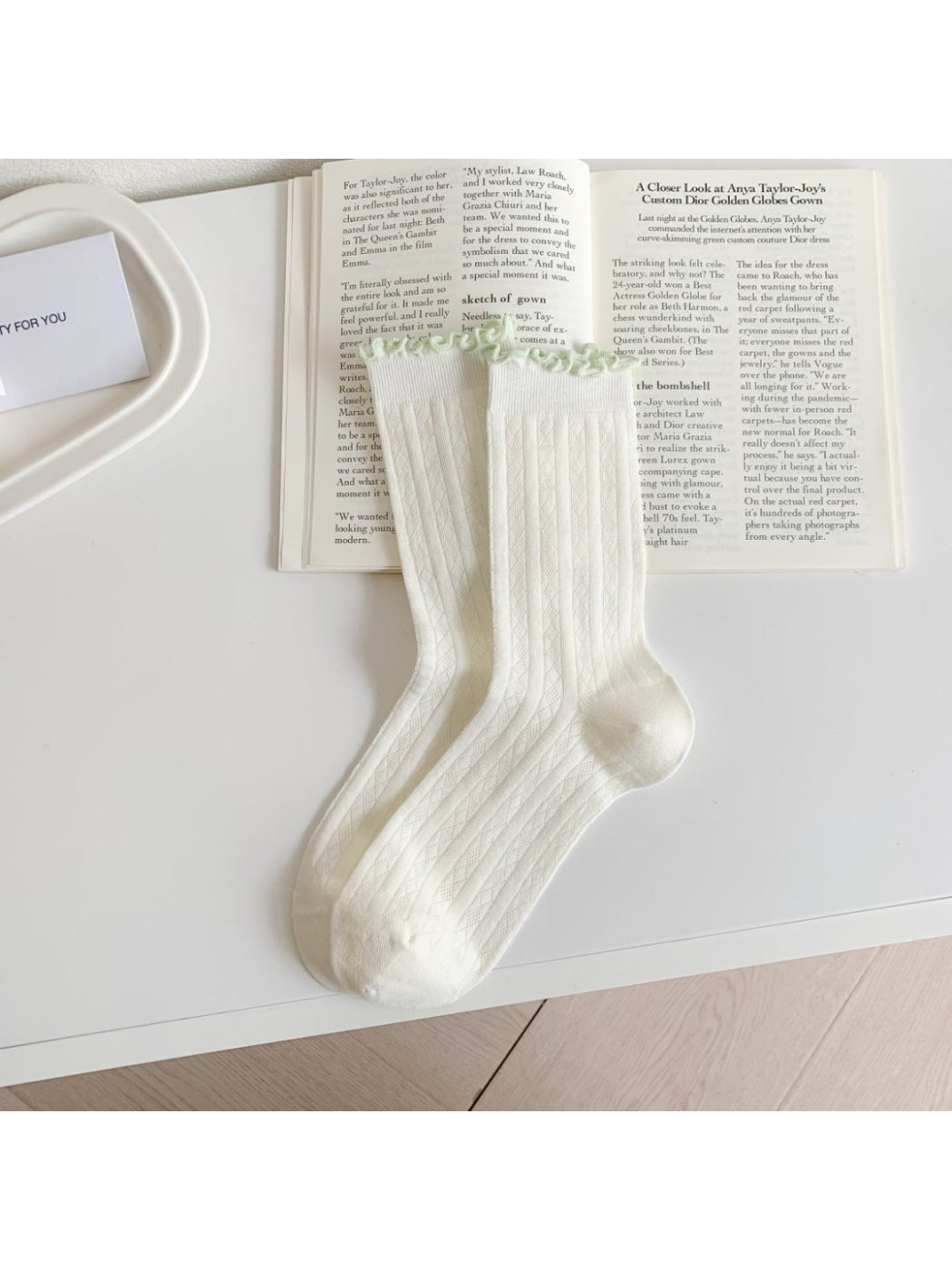 Rufia - Color Trim Ruffle Cuff Crew Socks