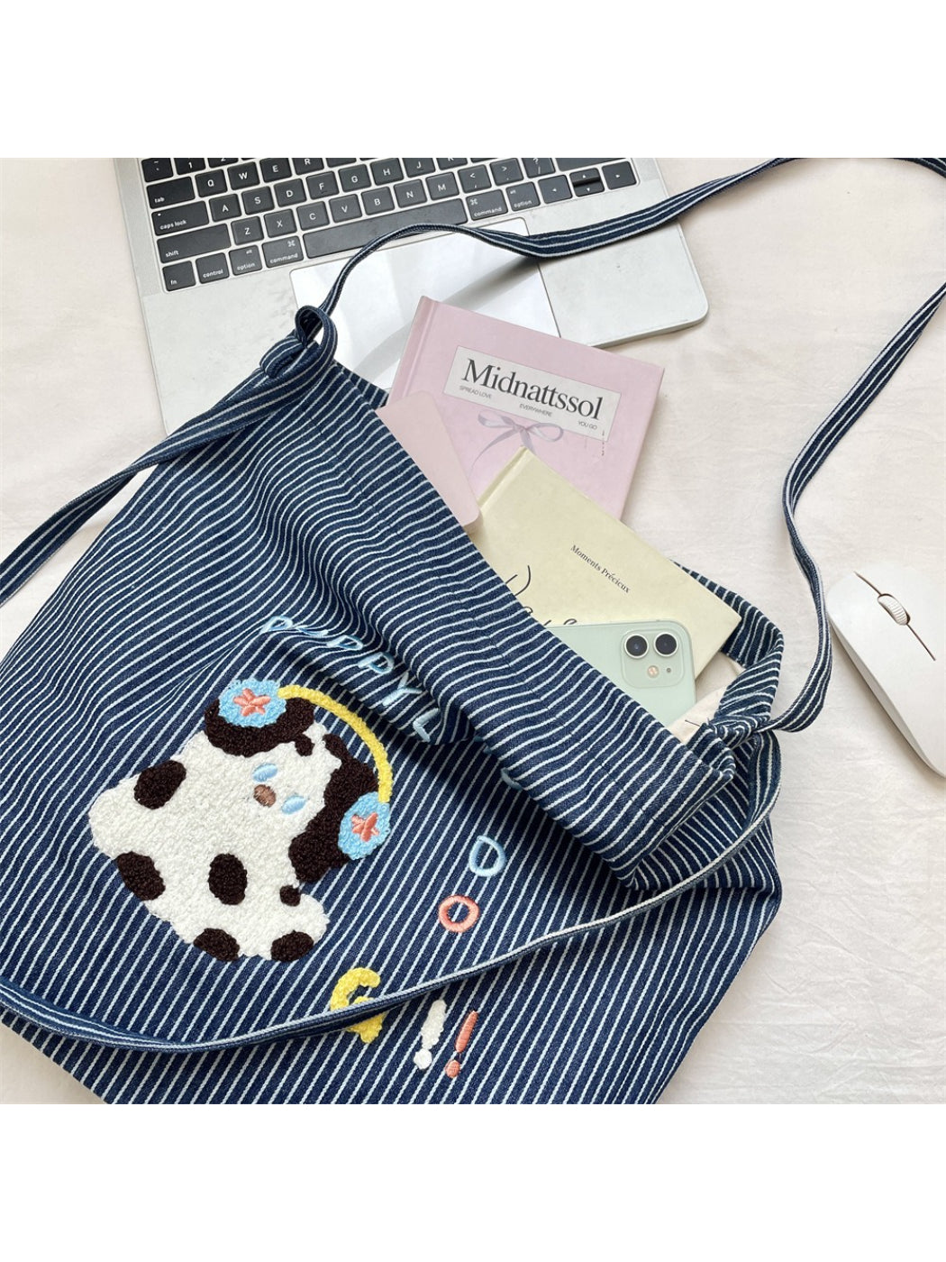 Interior view of Cosbai striped tote bag showing spacious