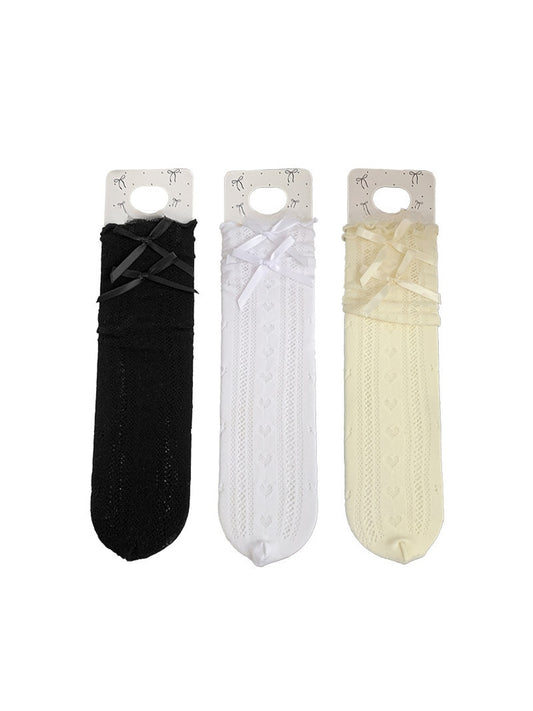 Rufia - Double Bow Openwork Heart Pattern Crew Socks