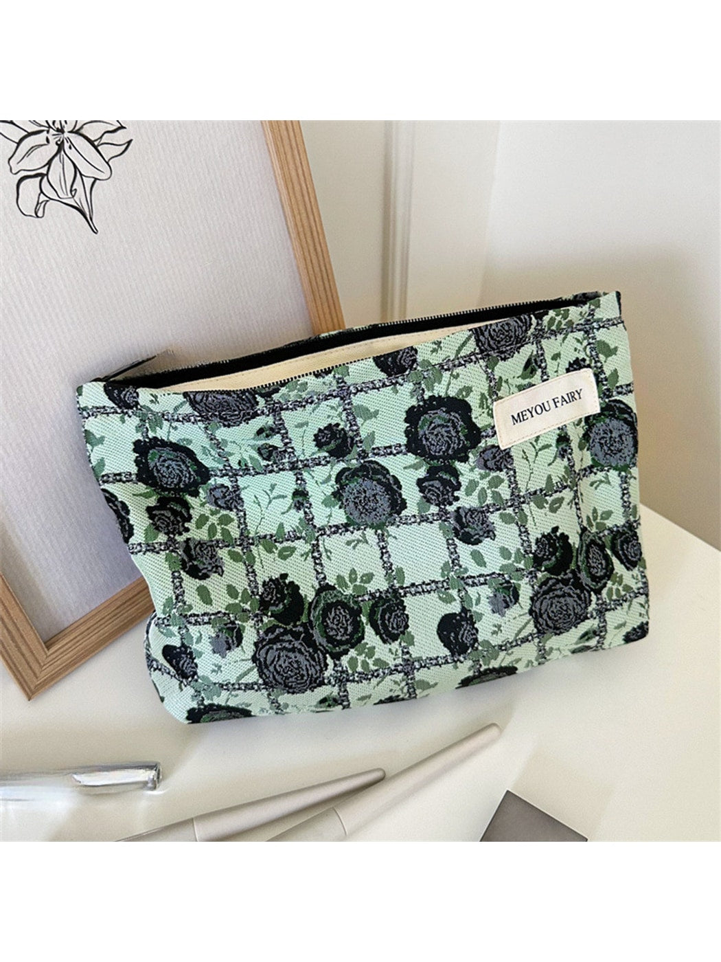 Cosbai - Floral and Grid Pattern Zip Pouch