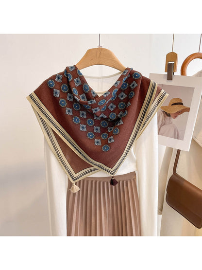Scarvii - Blue Floral Pattern Tassel Square Scarf