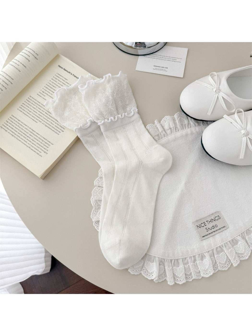 Stacked Rufia scallop edge lace crew socks in multiple colors