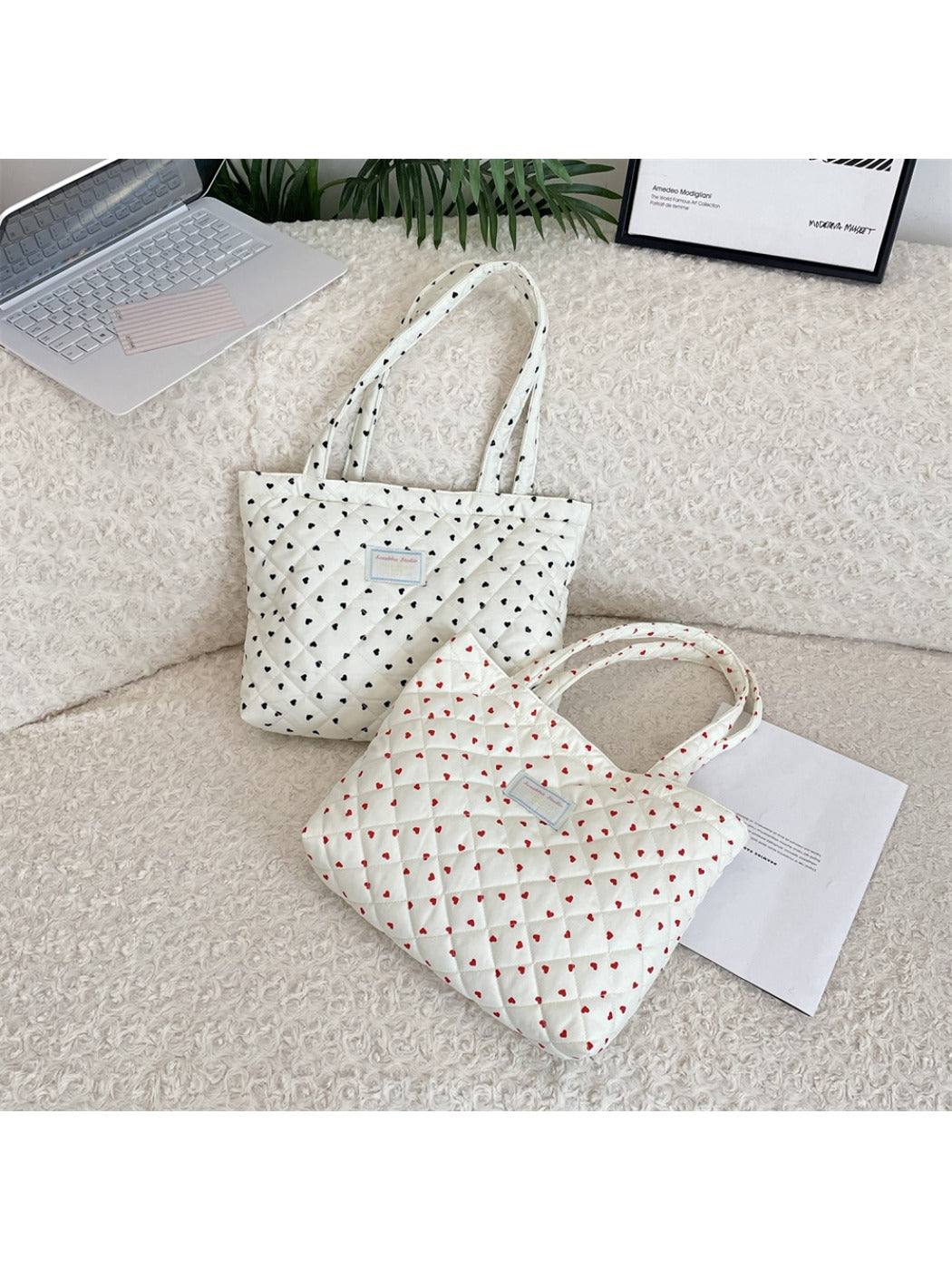 Cosbai - Tote Bag with Heart & Plaid Pattern
