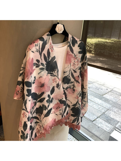 Scarvii - Floral Print Tassel Edge Long Shawl Scarf
