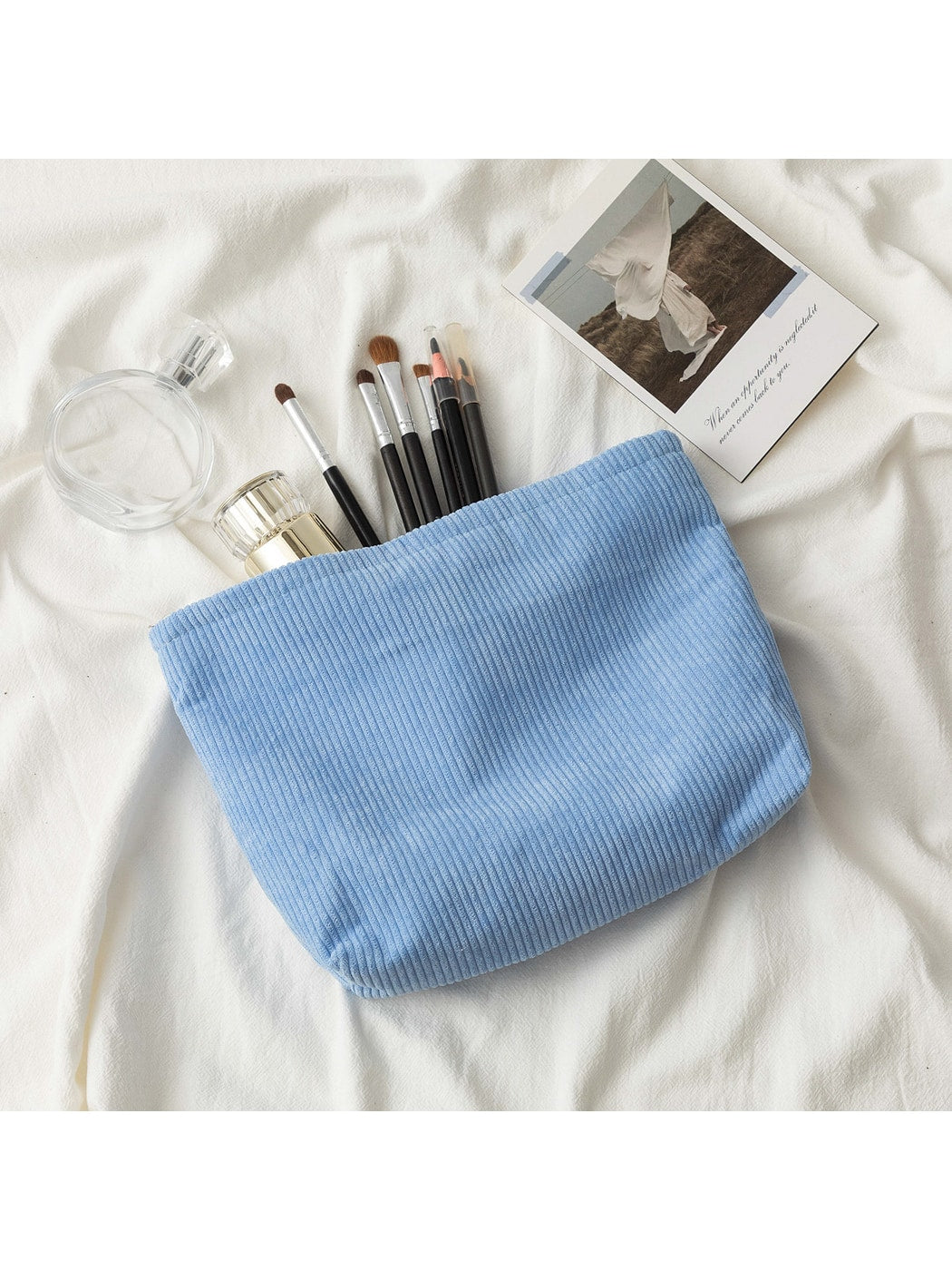 Cosbai - Minimalist Solid Color Ribbed Zip Pouch