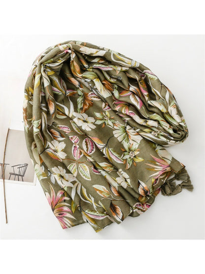 Scarvii - Tropical Botanical Print Tassel Scarf