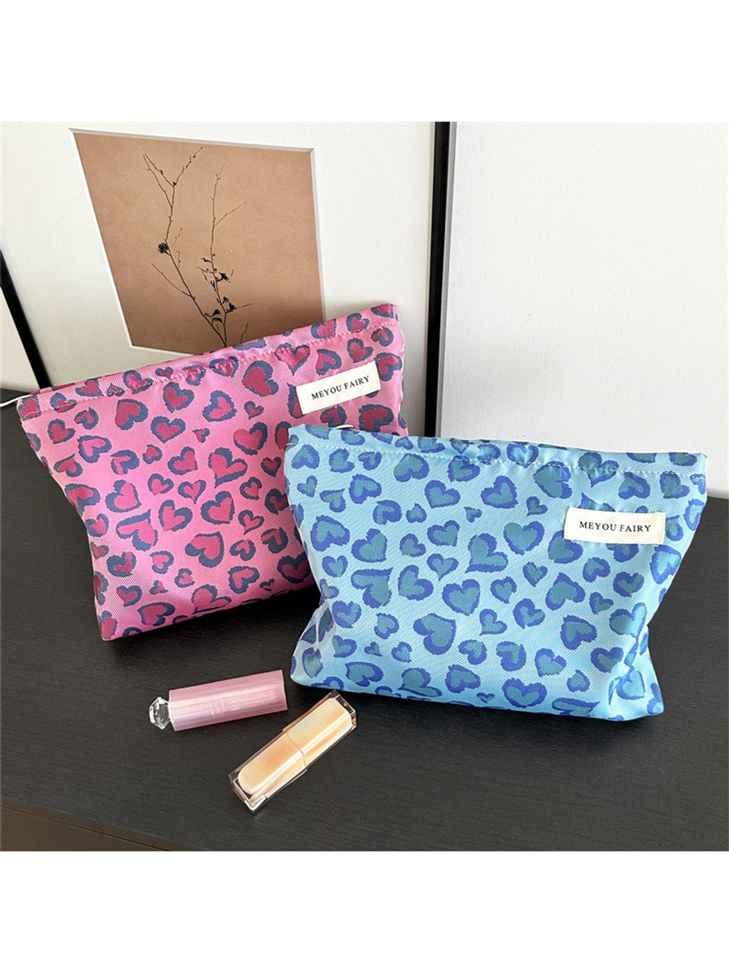 Cosbai - Vintage Leopard Heart Printed Makeup Bag