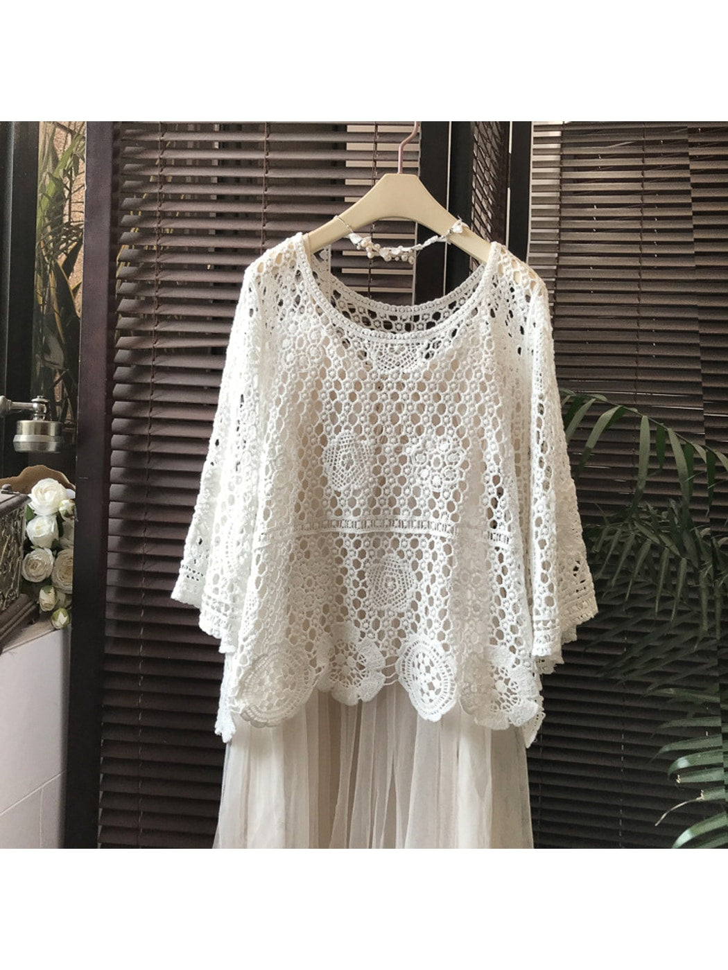 Crosa - Floral Hollow Out Long Sleeve Cover Up