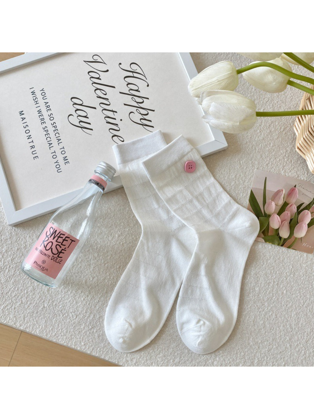 Rufia soft girly accent crew socks displayed with matching pastel accessories