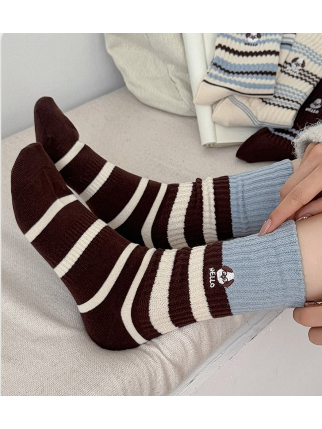 Rufia - Dog Stripe Rib Knit Crew Socks