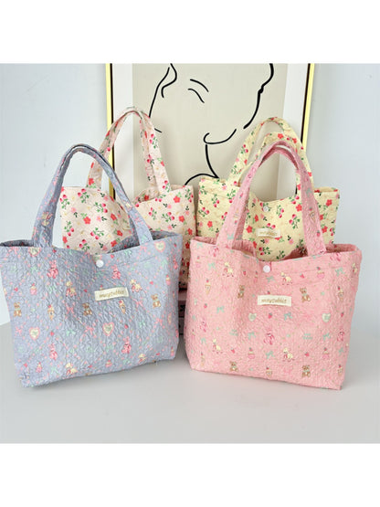 Cosbai – Quilted Floral & Bear Printed Tote Bag