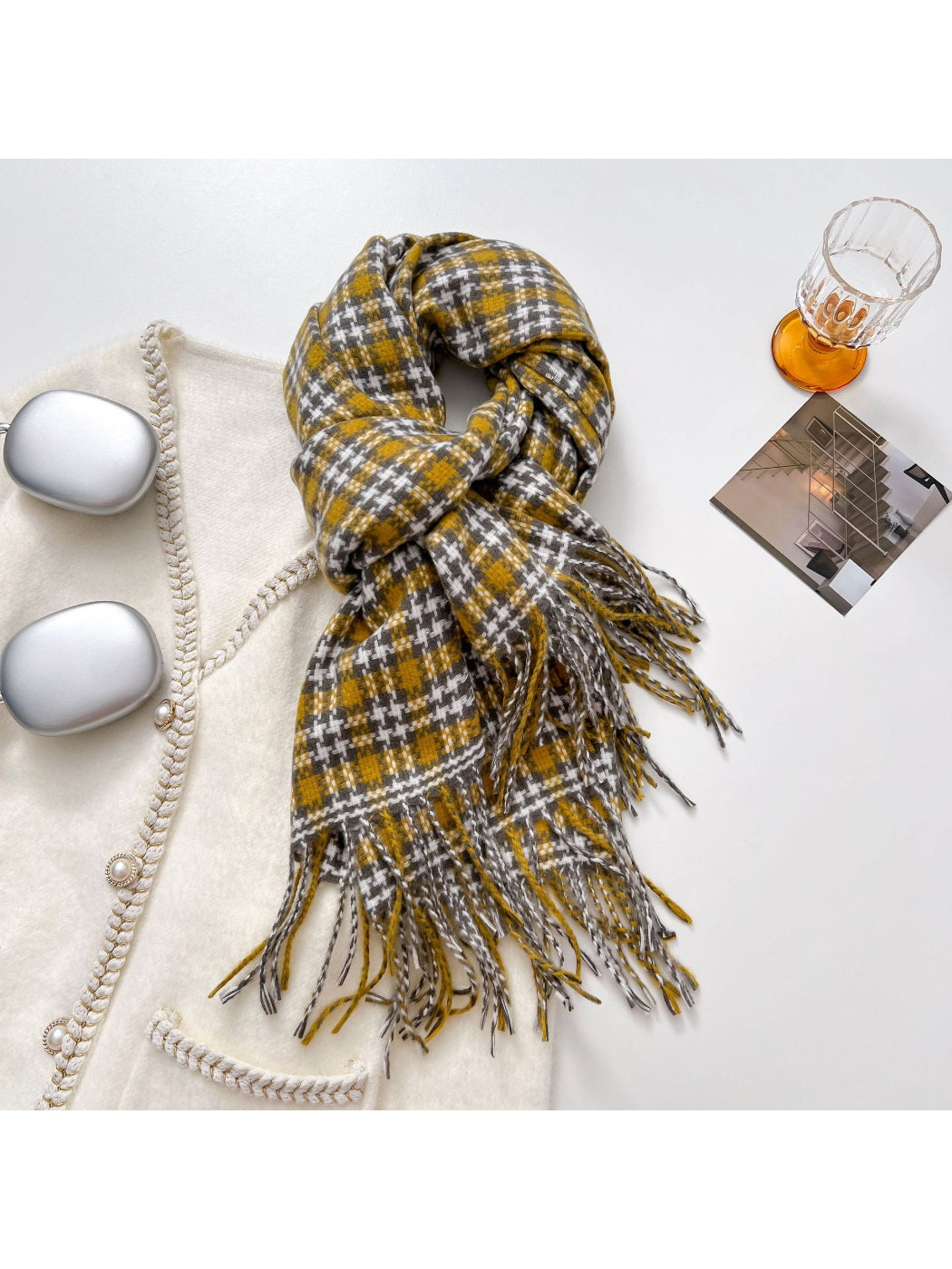 Scarvii - Retro Micro Plaid Fringe Winter Scarf