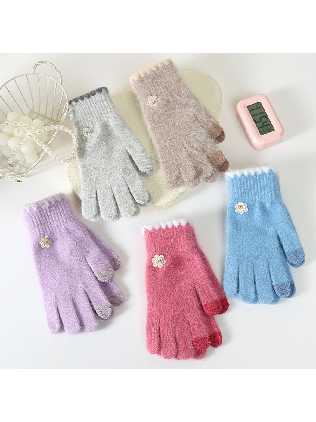 Gloving - Floral Accent Fuzzy Knit Winter Gloves