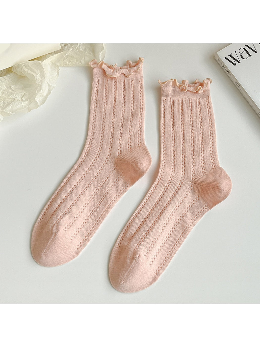 Rufia - Solid Color Openwork Ribbed Ruffle Cuff Crew Socks