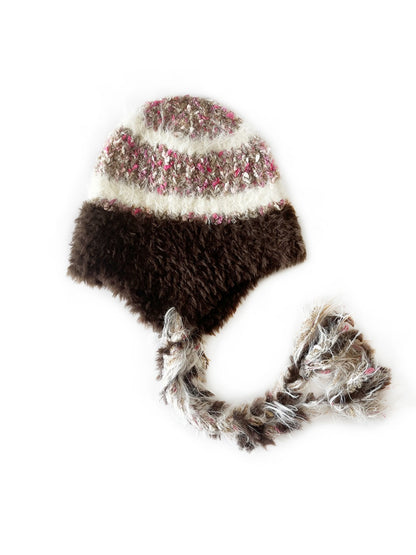 Haila - Minimalist Color-Block Knitted Beanie with Tassel Braids