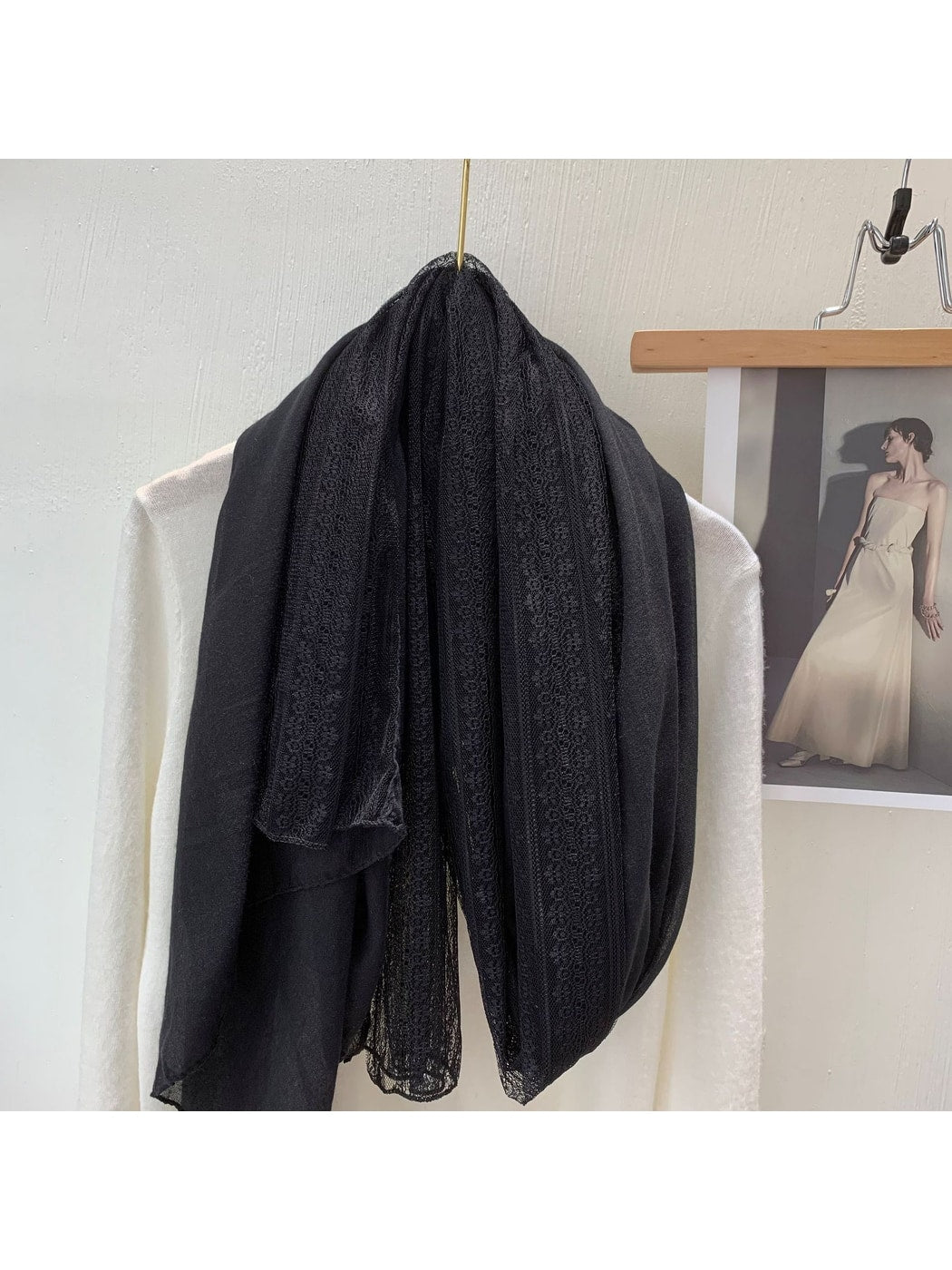Scarvii - Lace Trim Solid Color Long Fashion Scarf